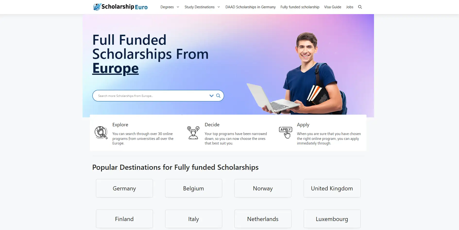 scholarship euro website home screen-project